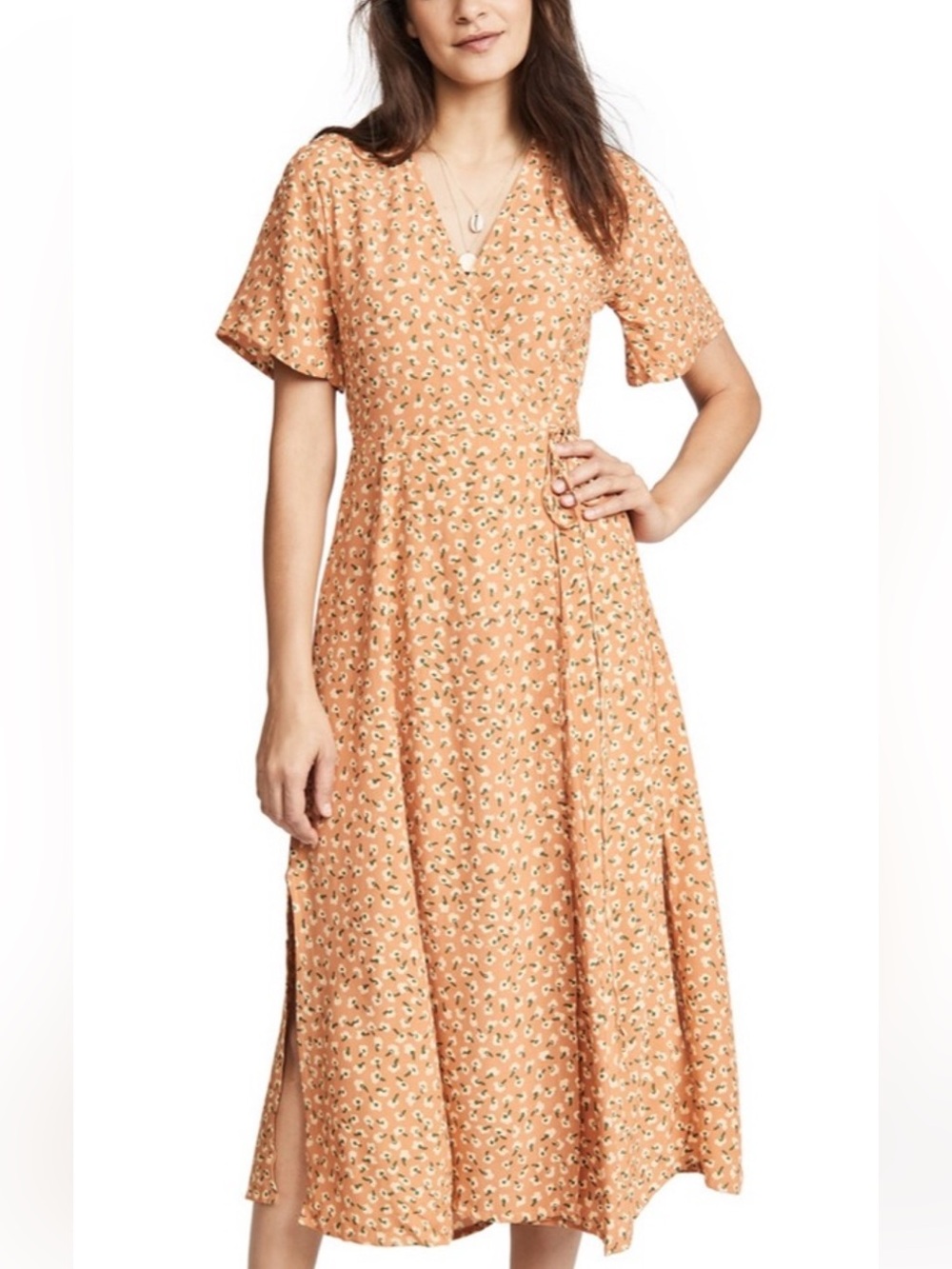 Faithful the Brand - Vintage Blossom Floral Wrap Midi Dress in Peach